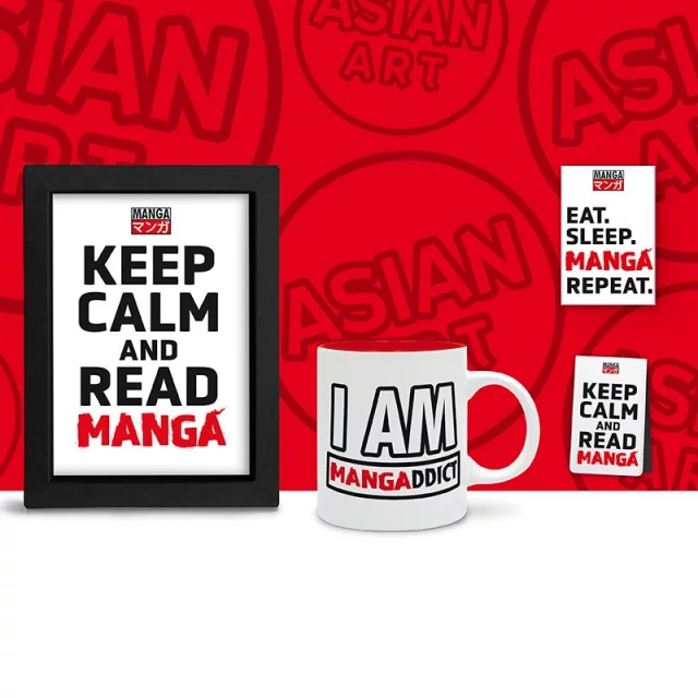Geschenkset Asian Art - Keep Calm and Read Manga (gerahmtes Poster, Tasse, Magnet, magnetisches Lesezeichen) - Made in Japan