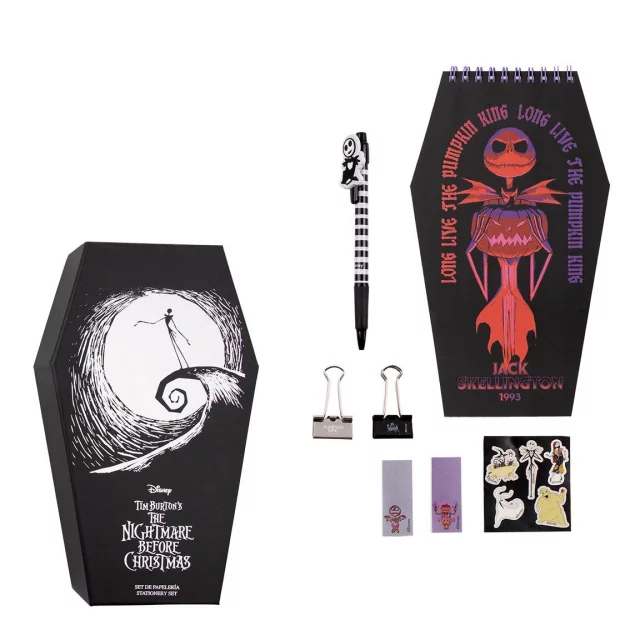 Geschenkset The Nightmare Before Christmas- Schulbedarf (Kugelschreiber, Aufkleber, Notizbuch, Büroklammern) - Schlüsselanhänger