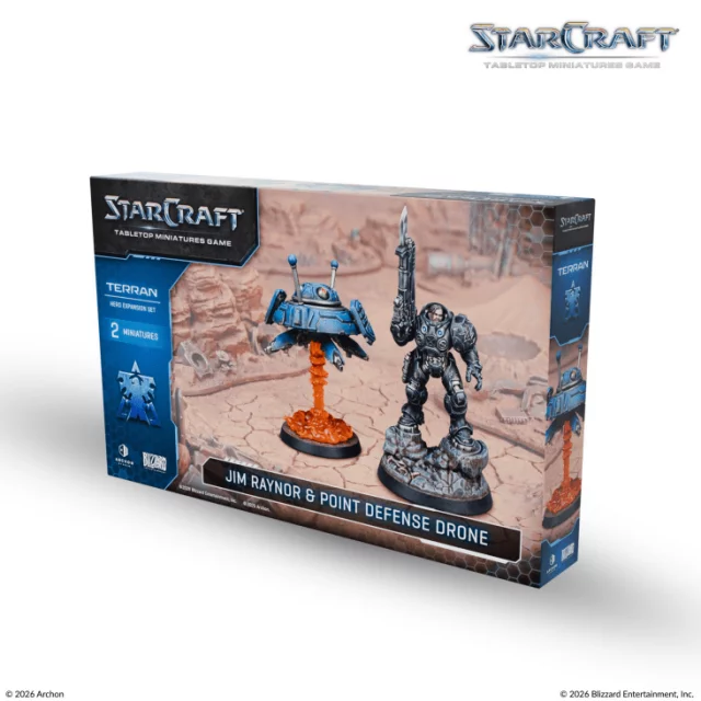 Brettspiel StarCraft - Tabletop Miniature Game - Jim Raynor & Point Defense Drone - Hero Expansion Set (2 Figuren) - Brettspiel