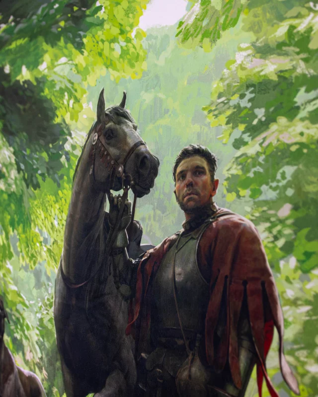 Wandteppich Kingdom Come: Deliverance II - Heinrich und Köter im Wald (Bild auf Textil) - Decken