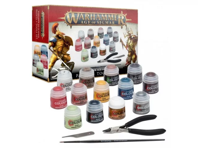 Satz Farben Citadel Age of Sigmar Paints + Tools (13 Farben, Pinsel, Feile, Zange) 2021 (beschädigte Verpackung) - Brettspiel