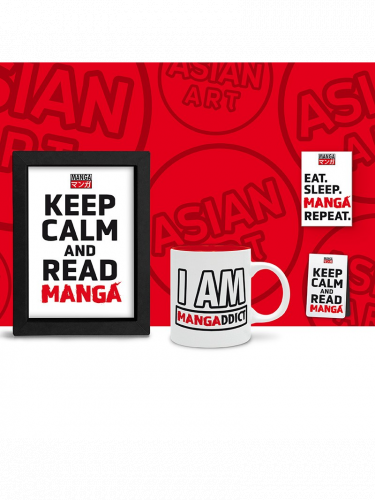 Geschenkset Asian Art - Keep Calm and Read Manga (gerahmtes Poster, Tasse, Magnet, magnetisches Lesezeichen)