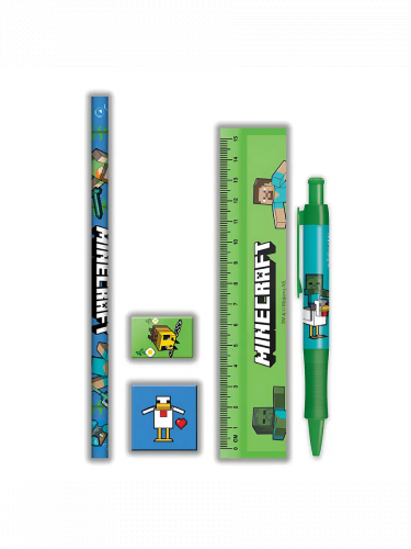 Geschenkset Minecraft - Schulsachen (Lineal, Bleistift, Kugelschreiber, Radiergummi, Bleistiftspitzer)