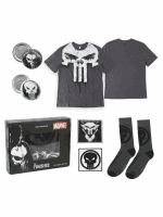 Geschenkset Marvel - Punisher (T-Shirt, Ansteckpins, Aufnäher, Socken) (Größe XL)
