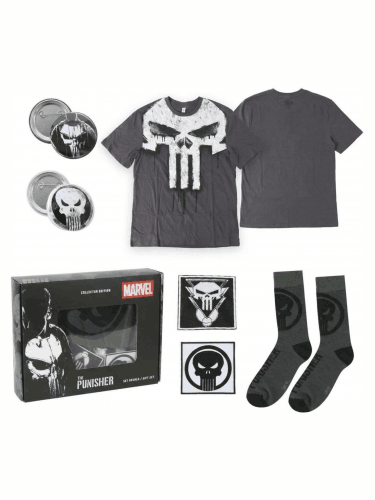 Geschenkset Marvel - Punisher (T-Shirt, Ansteckpins, Aufnäher, Socken) (Größe L)